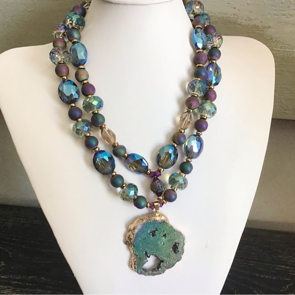 Double Strand Purple Crystals Natural Stone Druzy Pendant Necklace - Picture 7 of 10